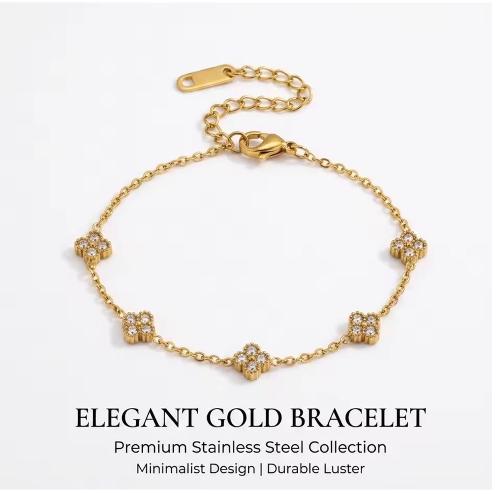 Gold Stainless Steel Clover Bracelet Zirconia Quatrefoil Charm Adjustable Chain